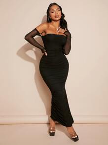 SHEIN SXY Vestido ajustado de hombros descubiertos fruncido de malla bajo con abertura - Negro - Ver 1