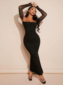 SHEIN SXY Vestido ajustado de hombros descubiertos fruncido de malla bajo con abertura - Negro - Ver 3