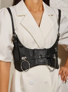 Cinturón arnés de litchi en relieve con aro O & con diseño de cadena - Negro - Ver 1