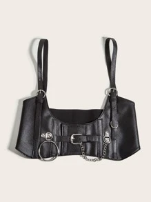 Cinturón arnés de litchi en relieve con aro O & con diseño de cadena - Negro - Ver 2