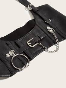 Cinturón arnés de litchi en relieve con aro O & con diseño de cadena - Negro - Ver 4