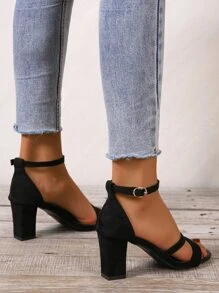 Women Minimalist Chunky Heeled Ankle Strap Sandals, Elegant Black Faux Suede Heeled Sandals - Black - View 3