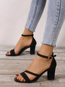 Women Minimalist Chunky Heeled Ankle Strap Sandals, Elegant Black Faux Suede Heeled Sandals - Black - View 5