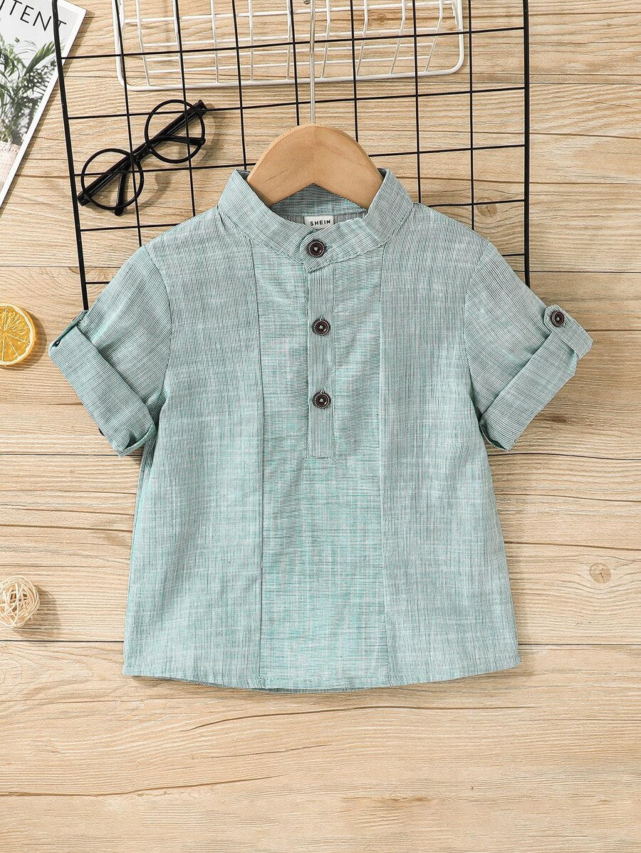 SHEIN Young Boy 卷邊袖半扣襯衫 - 綠色 - 查看 1