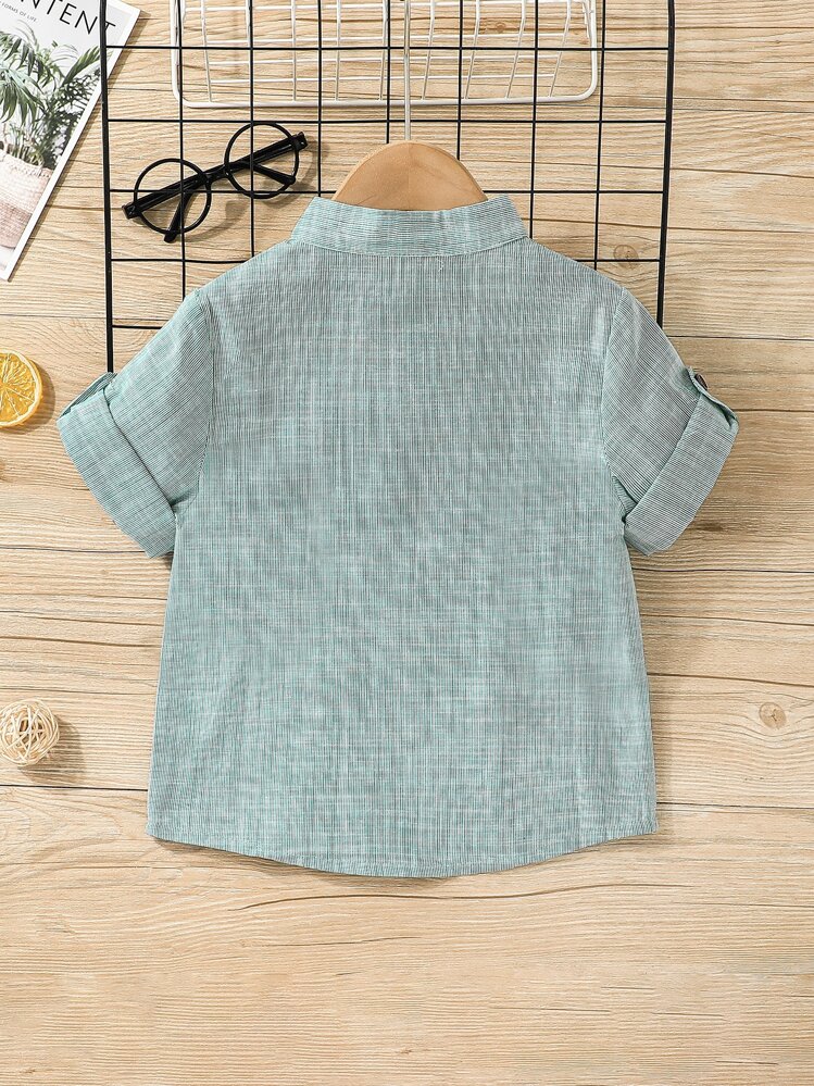 SHEIN ヤングボーイ ロールタブスリーブハーフボタンシャツ - グリーン - 見る 2