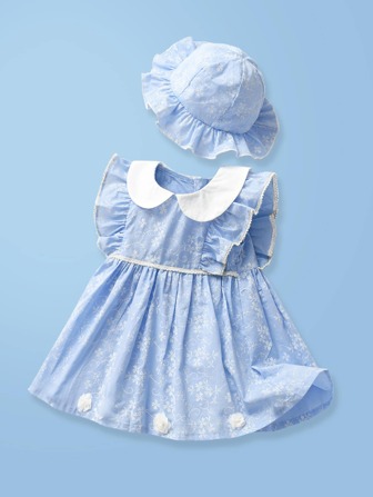 嬰兒印花荷葉邊貼花連衣裙和帽
