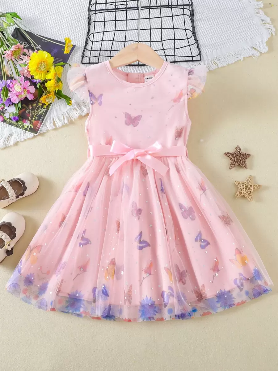 SHEIN Glamorique Kids Young Girl Butterfly Print Mesh Overlay Belted Party Dress - Baby Pink - View 1