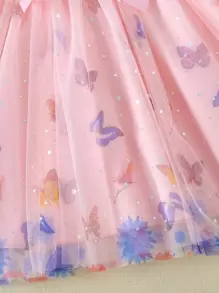 SHEIN Glamorique Kids Young Girl Butterfly Print Mesh Overlay Belted Party Dress - Baby Pink - View 4