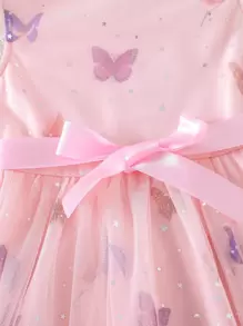 SHEIN Glamorique Kids Young Girl Butterfly Print Mesh Overlay Belted Party Dress - Baby Pink - View 5