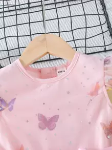 SHEIN Glamorique Kids Young Girl Butterfly Print Mesh Overlay Belted Party Dress - Baby Pink - View 6