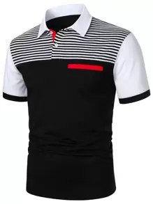 Manfinity Homme 男士拼接滾邊條紋polo襯衫 - 黑與白 - 查看 1