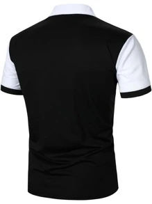 Manfinity Homme 男士拼接滾邊條紋polo襯衫 - 黑與白 - 查看 2
