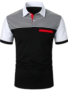 Manfinity Homme 男士拼接滾邊條紋polo襯衫 - 黑與白 - 查看 3