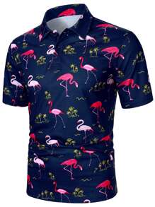 Manfinity Homme Men Flamingo & Palm Tree Print Polo Shirt - Navy Blue - View 1