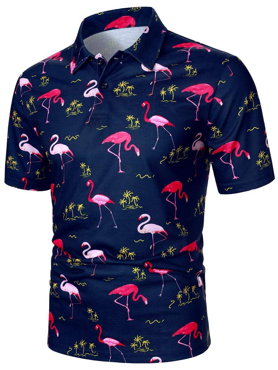 Manfinity Homme Men Flamingo & Palm Tree Print Polo Shirt - Navy Blue - View 1