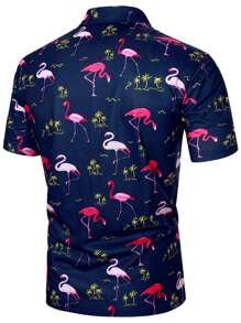 Manfinity Homme Men Flamingo & Palm Tree Print Polo Shirt - Navy Blue - View 2