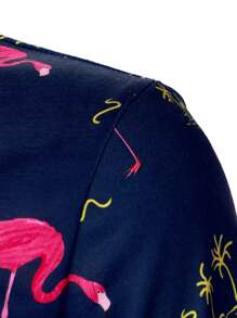 Manfinity Homme Men Flamingo & Palm Tree Print Polo Shirt - Navy Blue - View 5