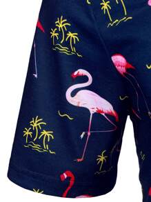 Manfinity Homme Men Flamingo & Palm Tree Print Polo Shirt - Navy Blue - View 6