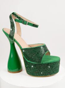 Tacones de reloj de arena punta curva con diamante de imitación - Verde - Ver 2
