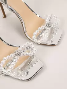SHUZIA Giày sandal quai mắt cá chân thời trang dành cho nữ, trang trí bằng ngọc trai giả kim loại và đá Rhinestone, giày sandal cao gót cho tiệc cưới, quà tặng ngày lễ Valentine, năm mới, giày mùa hè, giày Valentine - Bạc - Xem 2
