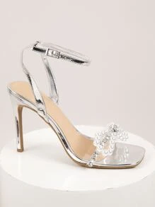 SHUZIA Giày sandal quai mắt cá chân thời trang dành cho nữ, trang trí bằng ngọc trai giả kim loại và đá Rhinestone, giày sandal cao gót cho tiệc cưới, quà tặng ngày lễ Valentine, năm mới, giày mùa hè, giày Valentine - Bạc - Xem 4