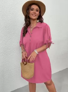 Vestido camisero de puño con nudo botón cuarto - Rosa - Ver 1