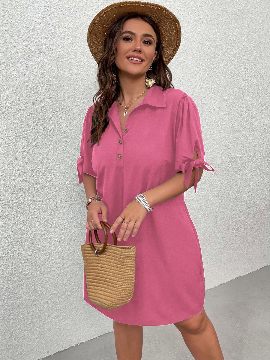 Vestido camisero de puño con nudo botón cuarto - Rosa - Ver 1