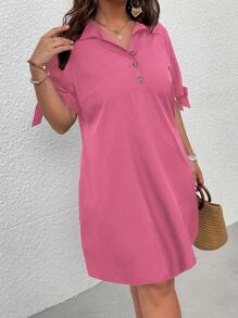 Vestido camisero de puño con nudo botón cuarto - Rosa - Ver 3
