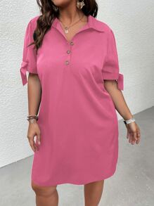 Vestido camisero de puño con nudo botón cuarto - Rosa - Ver 4