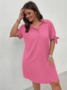 Vestido camisero de puño con nudo botón cuarto - Rosa - Ver 5