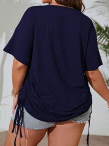 SHEIN LUNE Plus Solid Drawstring Side Drop Shoulder Tee - Navy Blue - View 2