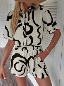 Breezaya Graphic Print Button Front Shirt & Shorts - Apricot - View 3