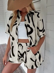 Breezaya Graphic Print Button Front Shirt & Shorts - Apricot - View 4