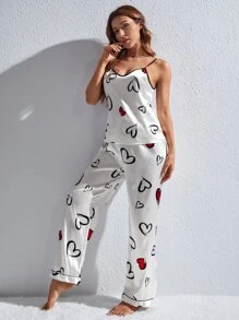 SweetSlumber Heart Print Contrast Binding Satin PJ Set / Pajama Set White Set - White - View 3