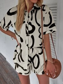 Breezaya Graphic Print Button Front Shirt & Shorts - Apricot - View 6