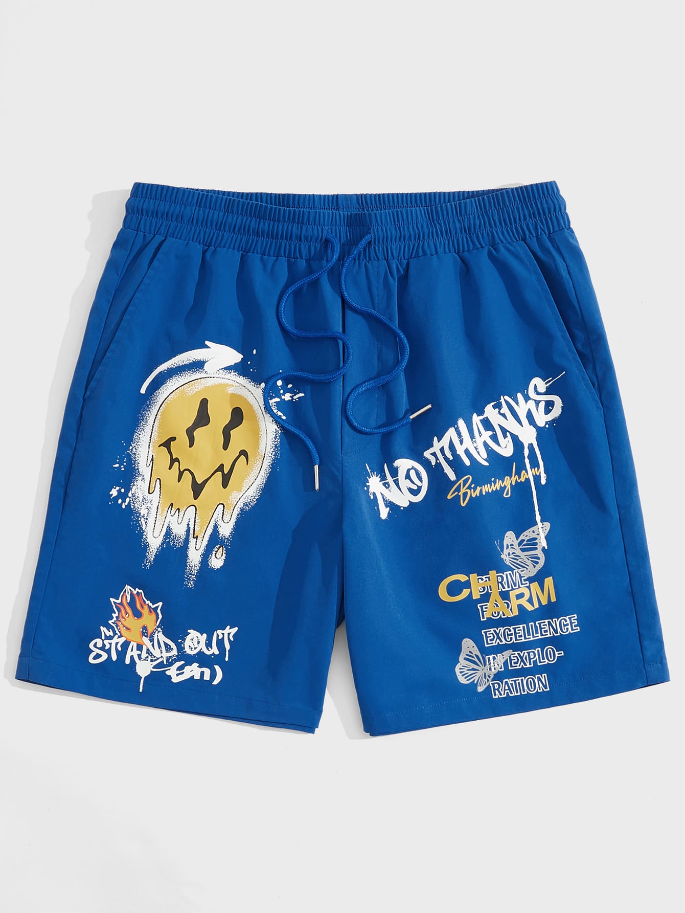 Manfinity VCAY Loose Men Letter & Cartoon Face Print Drawstring Waist Shorts - Royal Blue - View 1