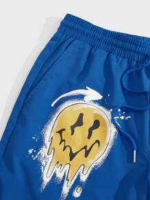 Manfinity VCAY Loose Men Letter & Cartoon Face Print Drawstring Waist Shorts - Royal Blue - View 4