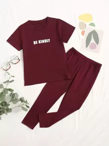 SHEIN Bộ thời trang bé gái Slogan Giải trí - Màu Đỏ Sâu - Xem 1