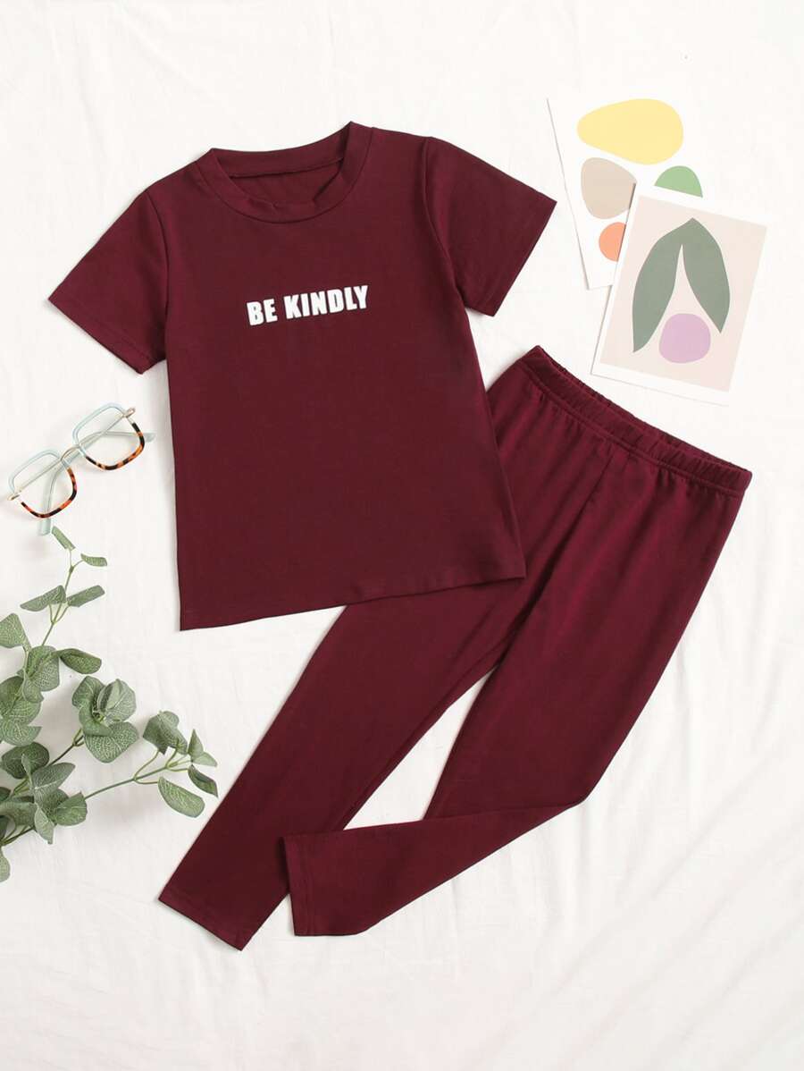 SHEIN Bộ thời trang bé gái Slogan Giải trí - Màu Đỏ Sâu - Xem 1