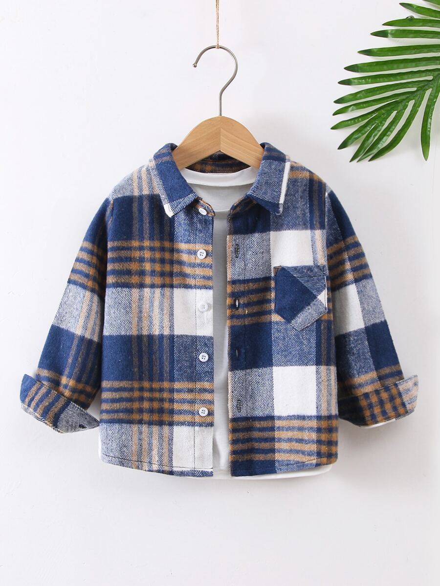 SHEIN 小男童格紋印花口袋貼布外套不帶T恤