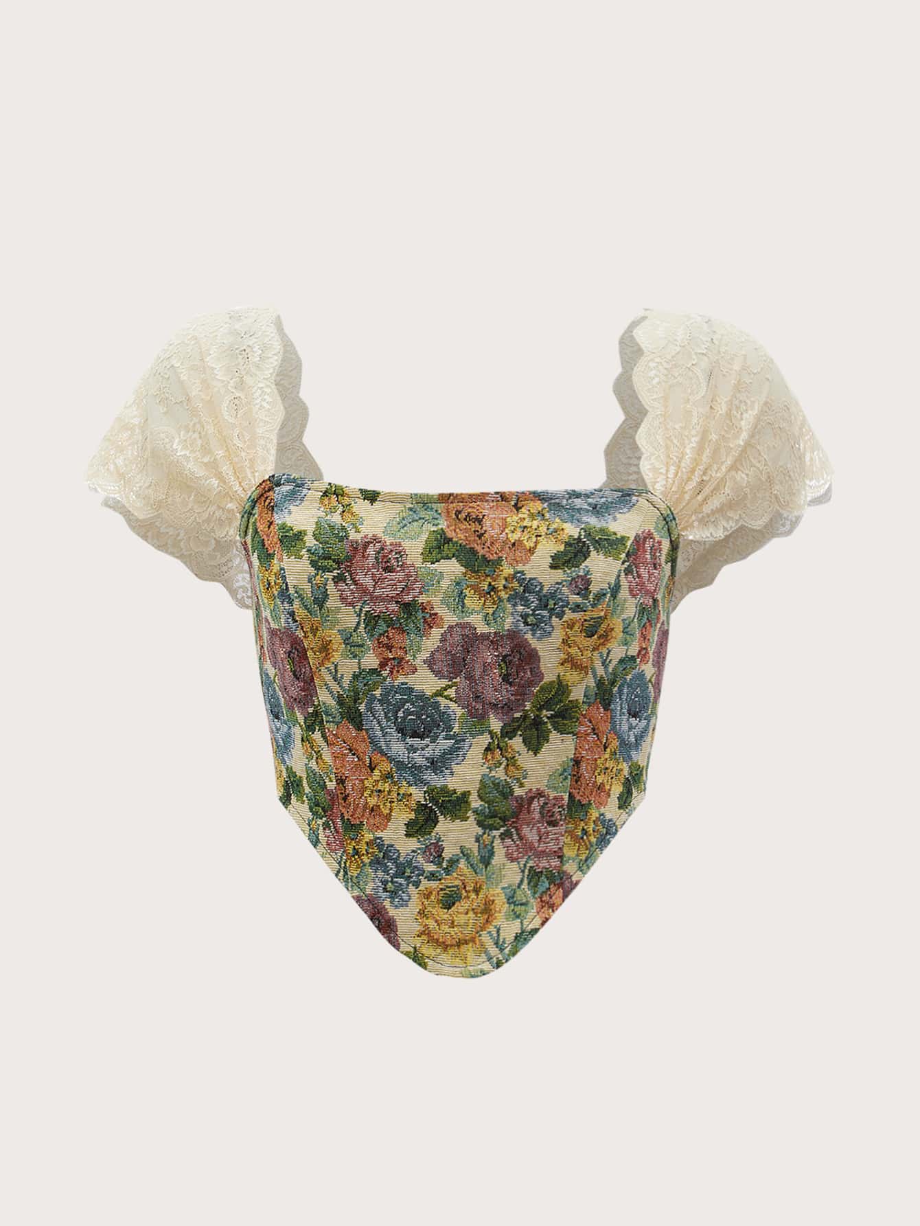 SHEIN MOD Floral Print Lace Ruched Sleeve High-low Hem Top - Multicolor - View 1