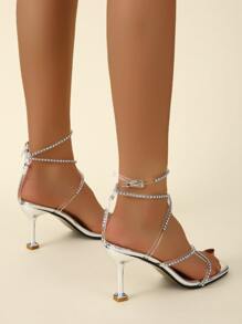 Phụ Nữ Trang Trí Kim Cương Giả Dây Đeo Mắt Cá Chân Giày Sandal Gót Nhọn, Kim Sa Lấp Lánh Vàng Quyến Rũ Giày Sandal Quai Mắt Cá Chân - Bạc - Xem 2