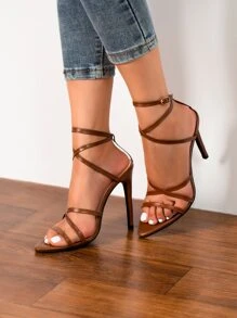 Criss Cross Stiletto Heeled Ankle Strap Sandals - Brown - View 5