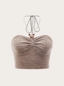 SHEIN MOD 前收褶繞頸短上衣 - 摩卡棕 - 查看 1