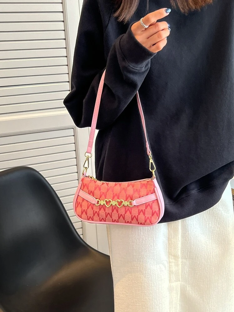 Mini bolso baguette con decoración de corazón de metal, impermeable y liviano, color rosa, para adolescentes, niñas, mujeres, estudiantes universitarios, novatos y trabajadores administrativos, perfecto para la oficina, la universidad, el trabajo, los negocios, los desplazamientos, al aire libre, los viajes, las salidas, las compras, las vacaciones - Rosa - Añade 1