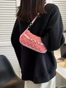 Waterproof,Lightweight Mini Metal Heart Decor Bag Pink For Teen Girls Women College Students,Rookies & White-Collar Workers Perfect For Office,College,Work ,Business,Commute,Outdoors, Travel, Outings,Shopping,Holiday - Pink - View 3