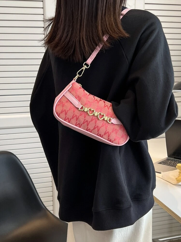 Mini bolso baguette con decoración de corazón de metal, impermeable y liviano, color rosa, para adolescentes, niñas, mujeres, estudiantes universitarios, novatos y trabajadores administrativos, perfecto para la oficina, la universidad, el trabajo, los negocios, los desplazamientos, al aire libre, los viajes, las salidas, las compras, las vacaciones - Rosa - Añade 3