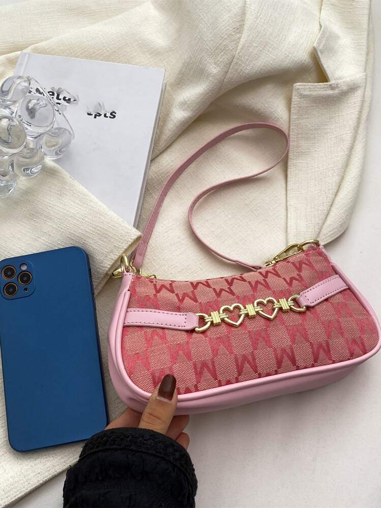 Mini bolso baguette con decoración de corazón de metal, impermeable y liviano, color rosa, para adolescentes, niñas, mujeres, estudiantes universitarios, novatos y trabajadores administrativos, perfecto para la oficina, la universidad, el trabajo, los negocios, los desplazamientos, al aire libre, los viajes, las salidas, las compras, las vacaciones - Rosa - Añade 4