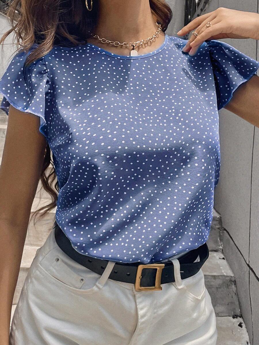 SHEIN Privé 波點圖案蝴蝶袖襯衫 - 藍色 - 查看 1