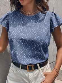 SHEIN Privé 波點圖案蝴蝶袖襯衫 - 藍色 - 查看 4